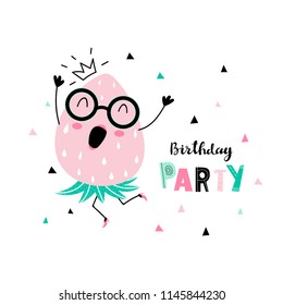 Birthday party card with funny dancing strawberry with human face and confetti and inscription - birthday party. Vector illustration.