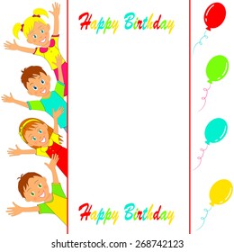 Birthday party card.boy and girl smiling cheerfully raising his hands against the background of frame with letter and  balls, illustration, vector