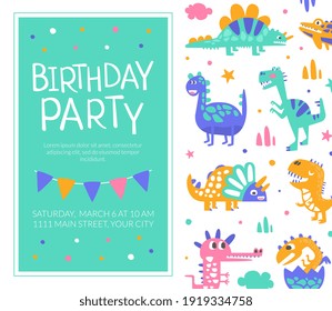 Birthday Party Card Template, Baby Shower Invitation, Greeting Card with Cute Funny Dinosaurs Seamless Pattern Vector Illustration