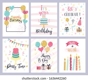 Birthday Party Cards. Happy Birthday Pastel Celebration Postcards, Invitation With Candle, Golden Balloons And Confetti, Cake. Kids Cheerful Holiday Flyers Vector Templates