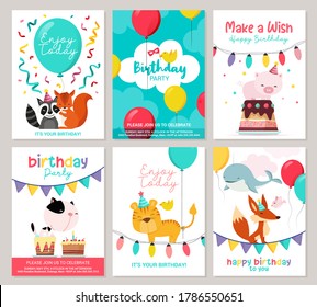 Birthday party cards. happy birthday pastel celebration postcards, invitation with candle, golden balloons and confetti, cake. kids cheerful holiday flyers templates