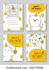 Birthday Party Cards Templates, Set of Four Party Patterns, Hand drawn Party Background with doodle illustration of cartoons and other elements.
