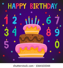 Birthday party cartoon cake with candles numbers. Vector background with tasty cake and numbers for each year used for poster, greeting card, web pages and scrapbooking.