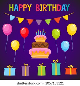 Birthday party cartoon design elements. Vector set with colorful balloons, cake, gifts and garlands used for magazine, poster, greeting card, web pages and scrapbooking.