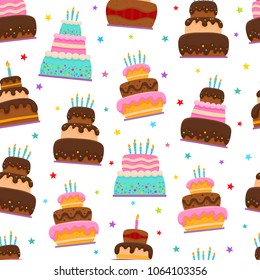 Birthday party cartoon seamless pattern isolated on white. Vector background with colorful cakes with candles and stars used for magazine, greeting card, web pages and scrapbooking.