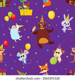 Birthday party cartoon seamless pattern with animals isolated on violet. Vector background with cute animals with gifts and balloons used for magazine, greeting card, web pages and scrapbooking.