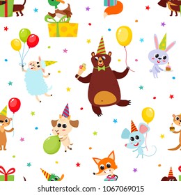 Birthday party cartoon seamless pattern with animals isolated on white. Vector background with cute animals with gifts and balloons used for magazine, greeting card, web pages and scrapbooking.