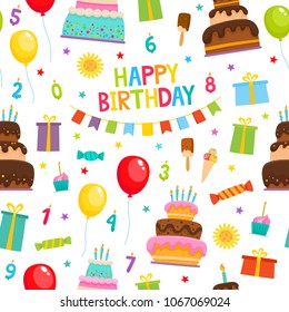 Birthday party cartoon seamless pattern isolated on white. Vector background with colorful balloons, cupcakes, gifts and garlands used for magazine, greeting card, web pages and scrapbooking.