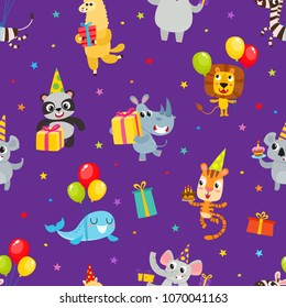 Birthday party cartoon seamless pattern with animals isolated on violet. Vector background with cute animals with gifts and balloons used for magazine, greeting card, web pages and scrapbooking.