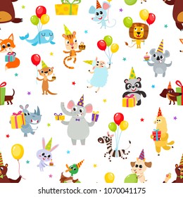 Birthday party cartoon seamless pattern with animals isolated on white. Vector background with cute animals with gifts and balloons used for magazine, greeting card, web pages and scrapbooking.