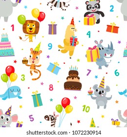 Birthday party cartoon seamless pattern with animals isolated on white. Vector background with cute animals with gifts and balloons used for magazine, greeting card, web pages and scrapbooking.