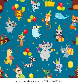 Birthday party cartoon seamless pattern with animals isolated on blue. Vector background with cute animals with gifts and balloons used for magazine, greeting card, web pages and scrapbooking.