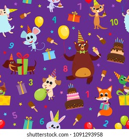 Birthday party cartoon seamless pattern with animals isolated on violet. Vector background with cute animals with gifts and balloons used for magazine, greeting card, web pages and scrapbooking.