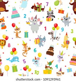 Birthday party cartoon seamless pattern with animals isolated on white. Vector background with cute animals with gifts and balloons used for magazine, greeting card, web pages and scrapbooking.