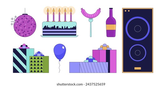 Birthday party celebration 2D linear cartoon objects set. Home decor, food and entertainment isolated line vector elements white background. Holiday event color flat spot illustration collection