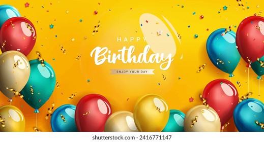 Birthday party celebration background. Realistic colorful birthday balloon decoration with golden confetti vector illustration