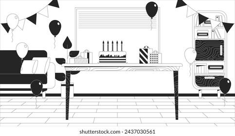 Birthday party celebration black and white line illustration. Festive cake and gifts in decorated room 2D interior monochrome background. Happy holiday congratulation outline scene vector image