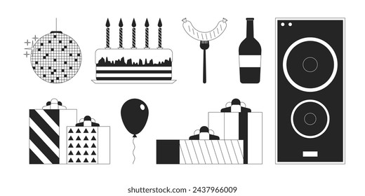 Birthday party celebration black and white 2D line cartoon objects set. Home decor, food and entertainment isolated vector outline items collection. Holiday event monochromatic flat spot illustrations