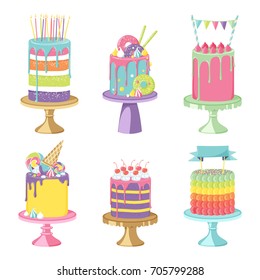 Birthday party celebration cakes. Vector illustration of different types of delicious beautiful modern sweet baked cakes colorful decorated confectioneries with glaze isolated on white.  