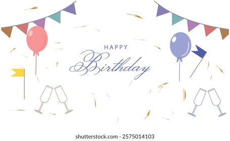 Birthday party celebration candles, balloons, flag concept minimalist art vector illustration design background