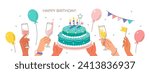 
Birthday party celebration. Characters hands holding birthday cake with candles, balloons and champagne glasses. Holiday concept. Vector illustration 
