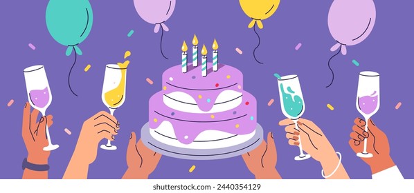 Birthday party celebration. Characters hands holding birthday cake with candles, balloons and wine or champagne glasses. Holiday background. Vector illustration 