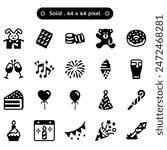 Birthday party celebration and festival vector icon set in a solid or glyph style. Collections such as balloon, beer, anniversary calendar, bear doll, and wine glass. Human made 64x64 pixels icon.