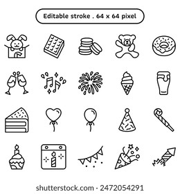 Birthday party celebration and festival vector icon set in a outline style. Collections such as beer glass, anniversary, bear doll, and wine glass. Human made 64x64 pixels icon. Editable stroke.