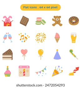 Birthday party celebration and festival vector icon set in a flat style. Collections such as beer glass, anniversary calendar, bear doll, ice cream cone, and wine glass. Human made 64x64 pixels icon.