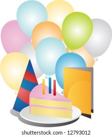 Birthday party celebration festivities illustration with cake, card, hat, and balloons