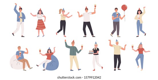 Birthday party, celebration, fun and dance flat vector illustrations set. Festivity, rejoicing, good mood. Smiling people, B-day party visitors cartoon characters bundle isolated on white background.