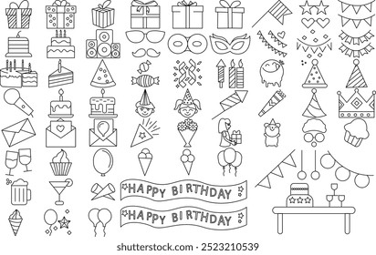 Birthday Party Celebration Icon set for banner and T-Shirt. Thin Line Editable stroke.