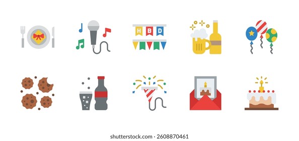 birthday party celebration invitation icons. flat color style icon set