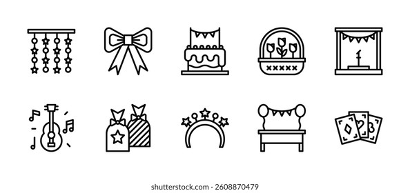 birthday party celebration invitation icons. outline minimal style icon set