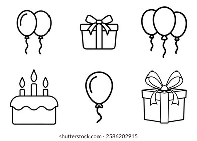 Birthday party celebration line art set on white background