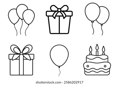 Birthday party celebration line art set on white background