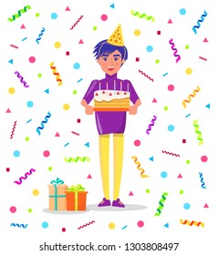 Birthday party celebration, man in festive hat with cake in hands on background of color tinsels. Present gift boxes and guy on bday with sweets