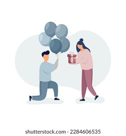 Birthday party celebration. Man gives woman blue balloons and girl holding cute pink gift. People celebrating birthday. Happy birthday concept.