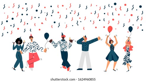 Birthday party celebration with people sketch vector illustration isolated.