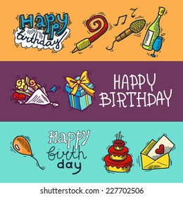 Birthday party celebration sketch decorative colored banner set with cake gifts champagne glass isolated vector illustration.