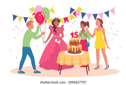 Birthday party celebration for teen princess vector illustration. Cartoon beautiful girl in pink dress and friends celebrate with cake, boy holding balloons with number 15. Quinceanera concept