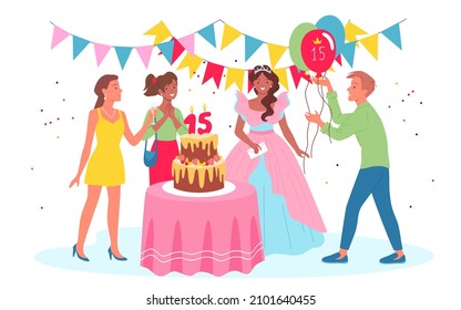 Birthday party celebration for teen princess vector illustration. Cartoon beautiful girl and friends celebrate with cake, boy holding balloons,15. Quinceanera concept