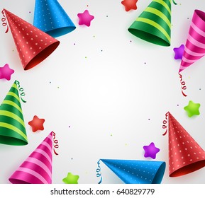 Birthday party celebration vector background with white empty space for text and colorful birthday hats and stars in white. Vector illustration.
