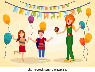 Birthday Party, Celebration Vector Illustration. Kids and Clown Performace Cartoon Characters. Pretty Woman in Costume and Preschool Children. Kids Holiday Entertainment Banner Template