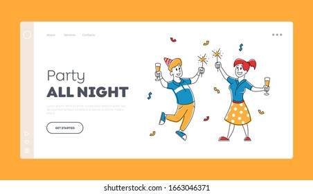 Birthday Party Celebration Website Landing Page. Cheerful People in Festive Hats with Wine Glasses in Hands Celebrating Holiday Event Web Page Banner. Cartoon Flat Vector Illustration Linear