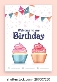 Birthday Party celebration welcome card or invitation card design with sweet cupcakes and colorful bunting decoration.