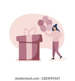 Birthday party celebration. Young woman standing near gift box, holding balloons. Happy birthday concept. Flat vector illustration