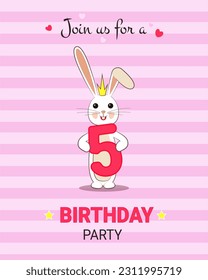 A birthday party for a child. Jubilee five years old. For girls in pink. Bunny with the number five. 