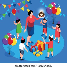 Birthday party for children with gift boxes balloons and woman holding cake with burning candles isometric vector illustration
