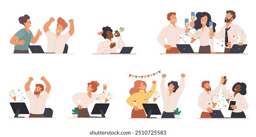 Birthday party or Christmas, festive event celebration by office employees team at workplace set. Happy people celebrate holiday together, congratulate with decorations cartoon vector illustration